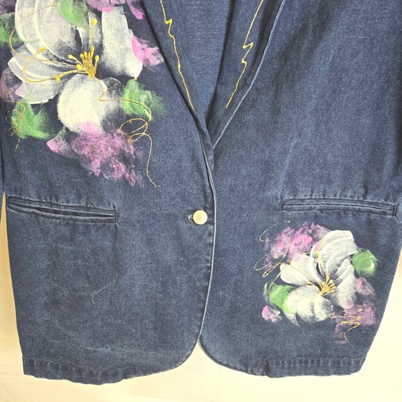 Vtg Jordache Jeanswear Denim Blazer, Painted Floral Design, Women's Size Medium - Picture 7 of 13